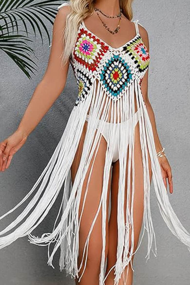 EFAYN.RO Pareo tip rochie pentru plaja model cu franjuri transparent tesatura traditionala tematica crazy retro summer EFAYN - Pled.ro