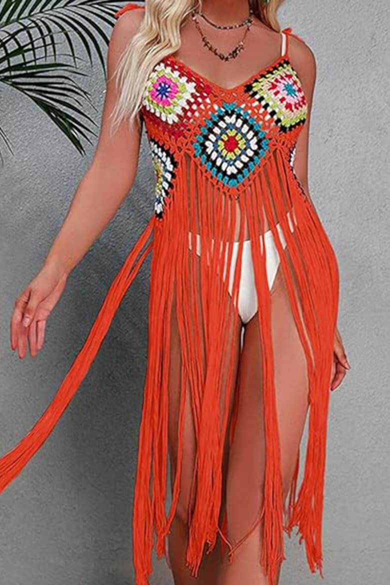 EFAYN.RO Pareo tip rochie pentru plaja model cu franjuri transparent tesatura traditionala tematica crazy retro summer EFAYN - Pled.ro