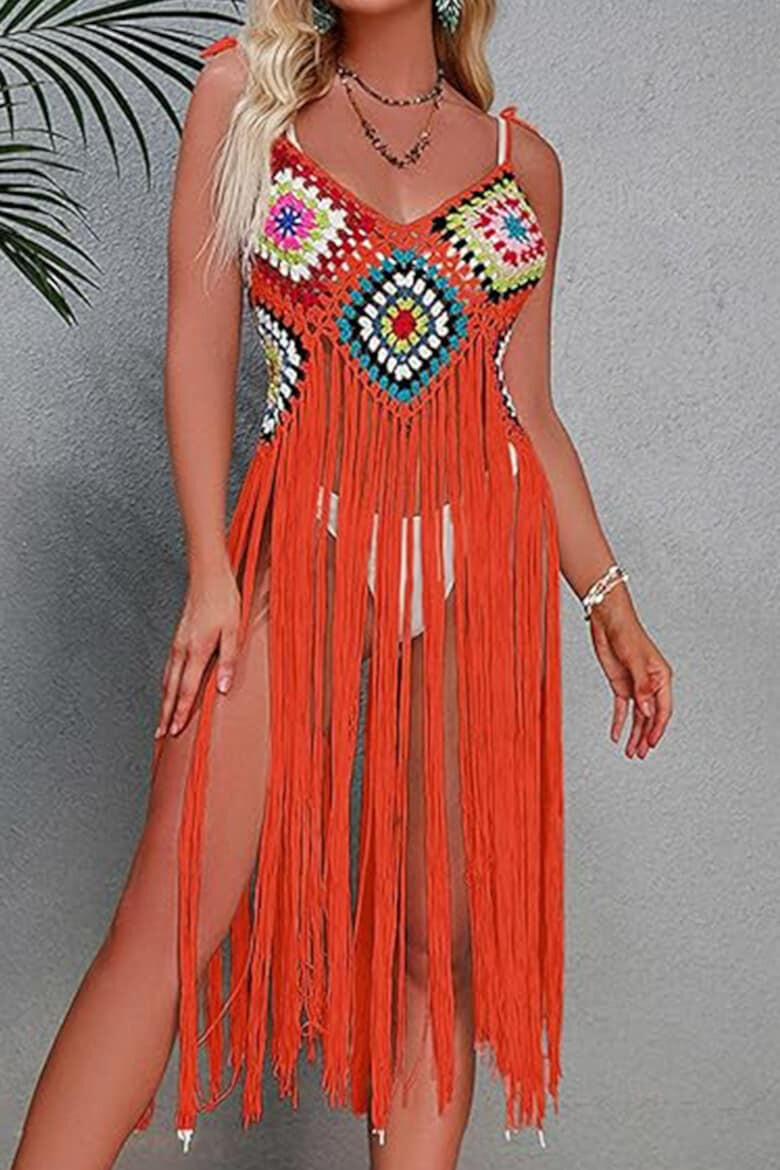 EFAYN.RO Pareo tip rochie pentru plaja model cu franjuri transparent tesatura traditionala tematica crazy retro summer EFAYN - Pled.ro