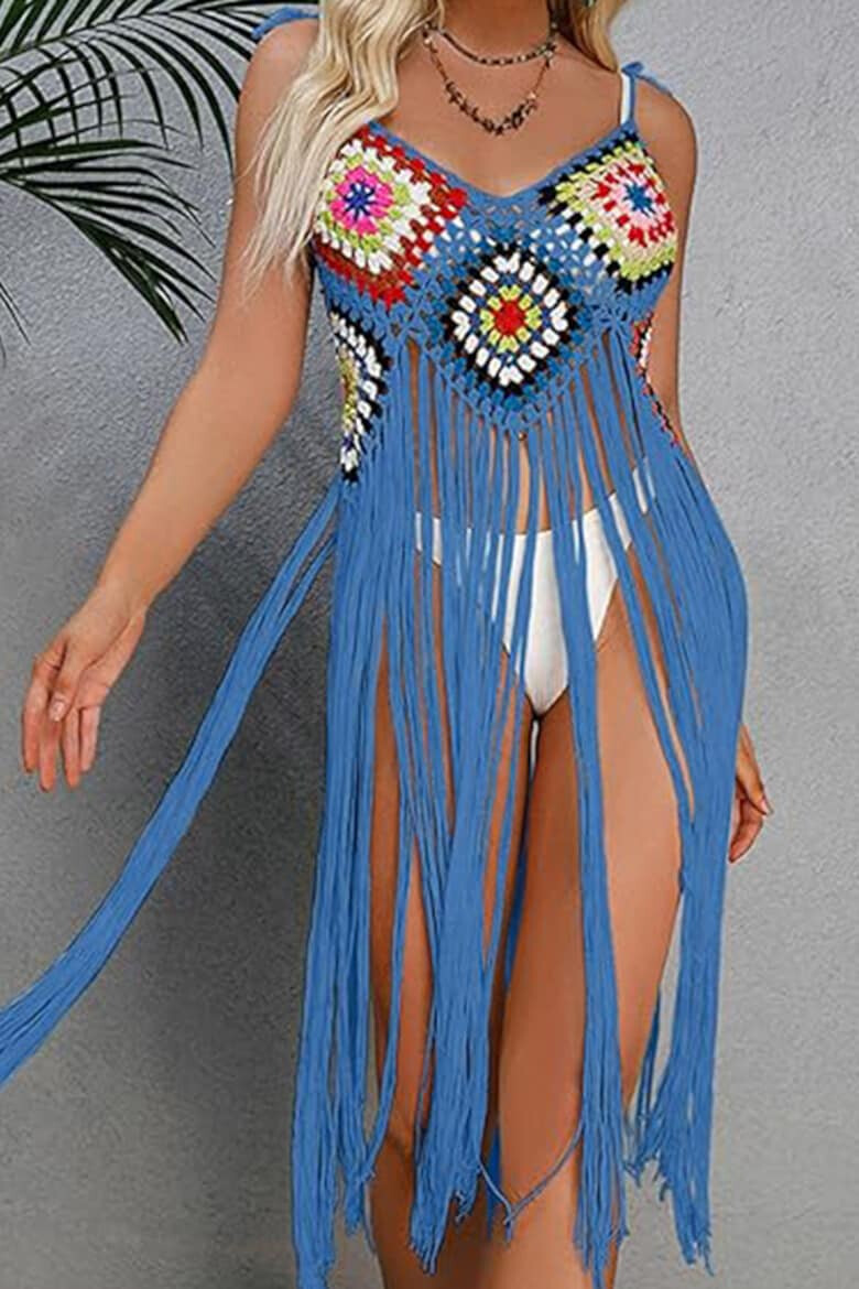 EFAYN.RO Pareo tip rochie pentru plaja model cu franjuri transparent tesatura traditionala tematica crazy retro summer EFAYN - Pled.ro