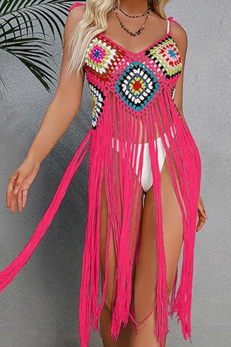 EFAYN.RO Pareo tip rochie pentru plaja model cu franjuri transparent tesatura traditionala tematica crazy retro summer EFAYN - Pled.ro