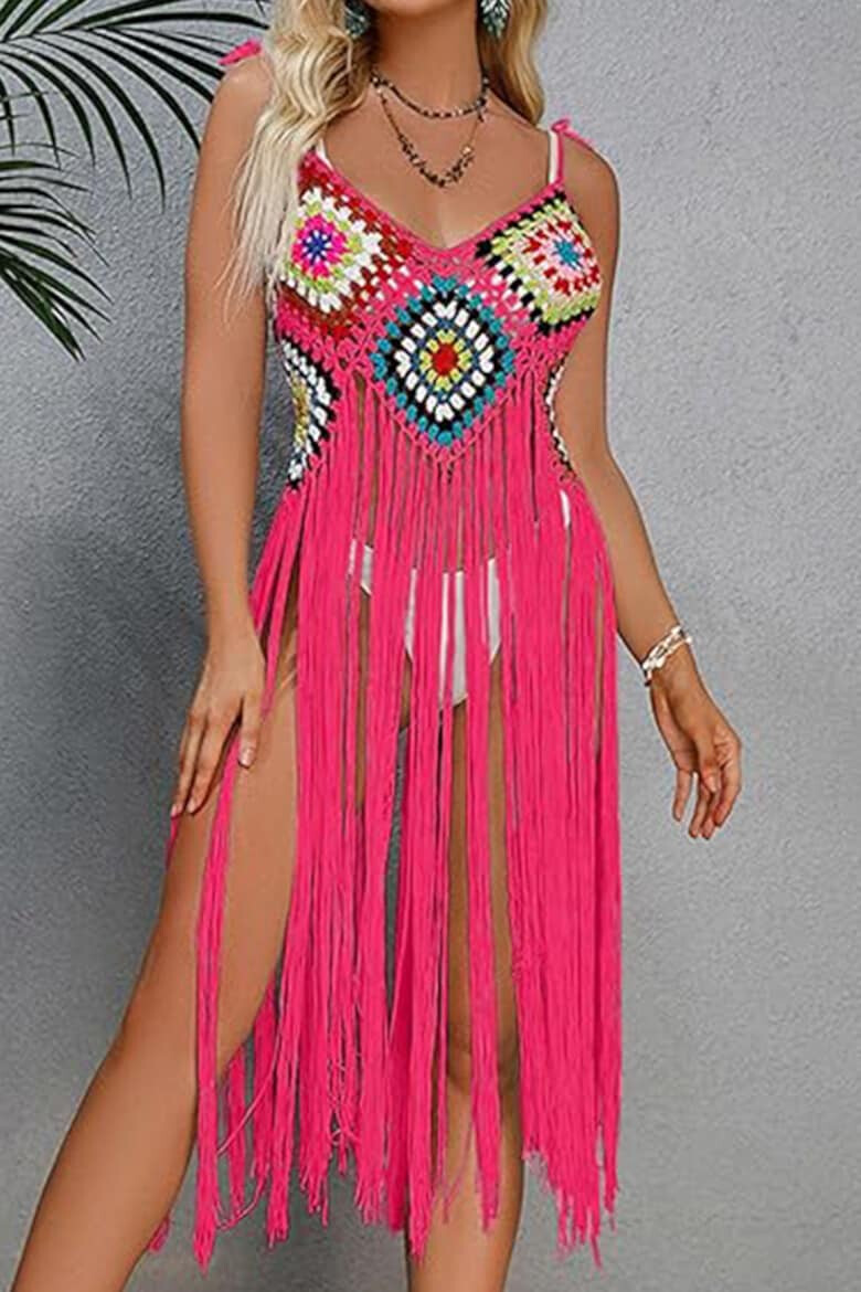 EFAYN.RO Pareo tip rochie pentru plaja model cu franjuri transparent tesatura traditionala tematica crazy retro summer EFAYN - Pled.ro