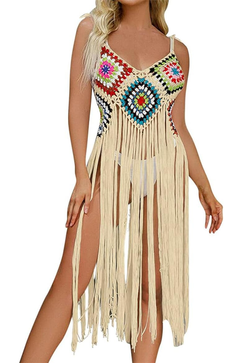 EFAYN.RO Pareo tip rochie pentru plaja model cu franjuri transparent tesatura traditionala tematica crazy retro summer EFAYN - Pled.ro