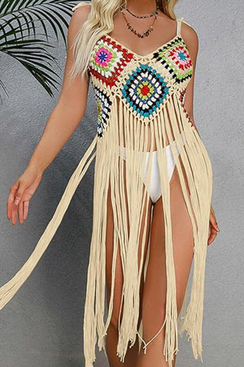 EFAYN.RO Pareo tip rochie pentru plaja model cu franjuri transparent tesatura traditionala tematica crazy retro summer EFAYN - Pled.ro