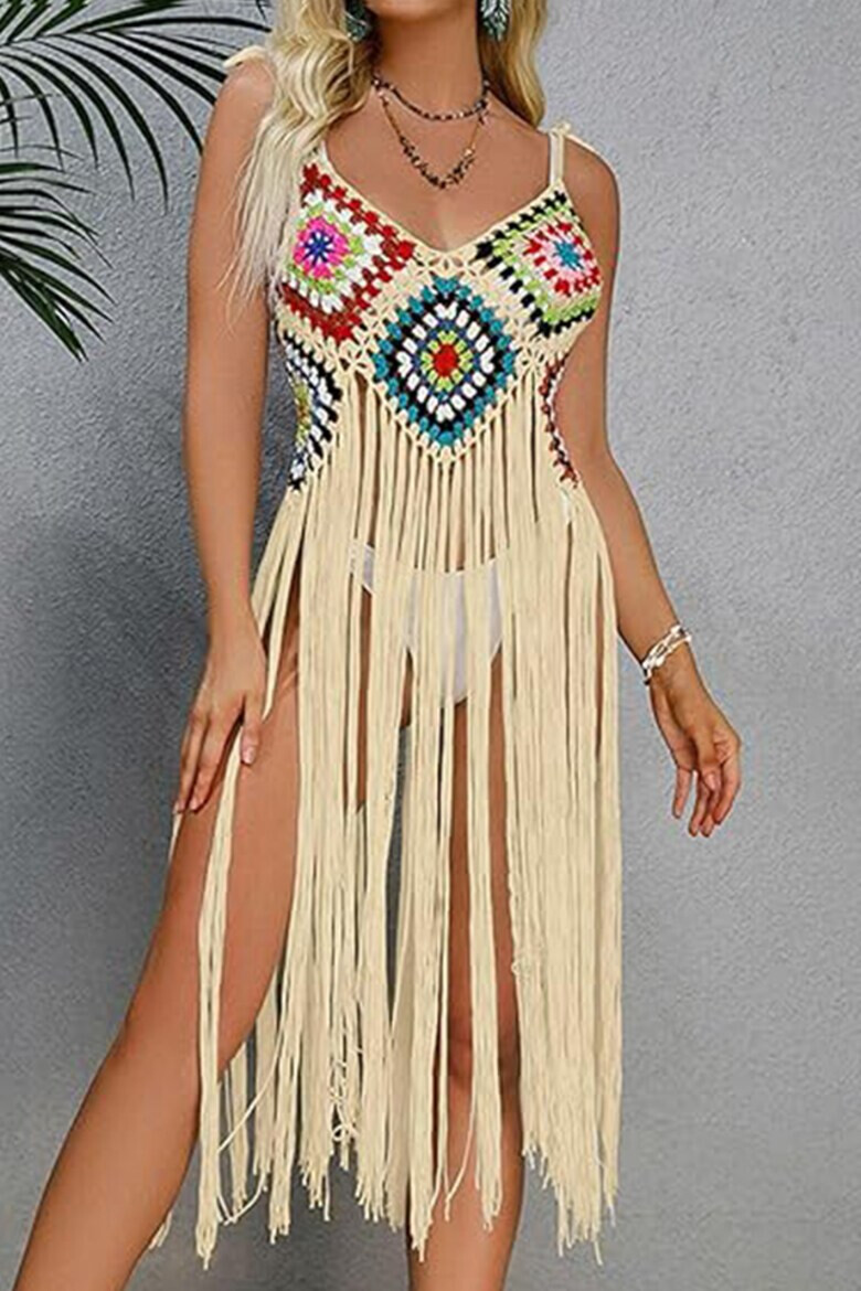 EFAYN.RO Pareo tip rochie pentru plaja model cu franjuri transparent tesatura traditionala tematica crazy retro summer EFAYN - Pled.ro