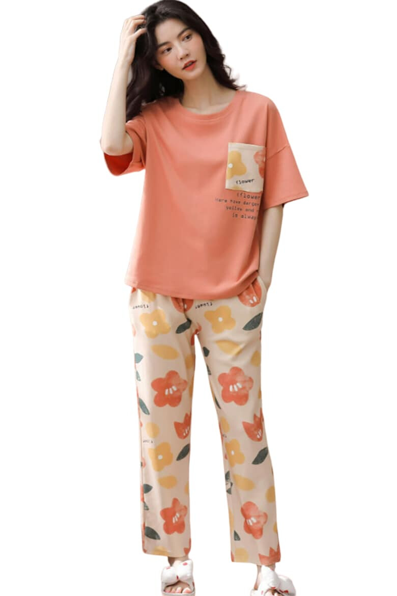 EFAYN.RO Pijama dama set 2 piese bluza maneca lunga cu buzunar la piept si pantaloni lungi model cu flori tematica I love flowers EFAYN - Pled.ro