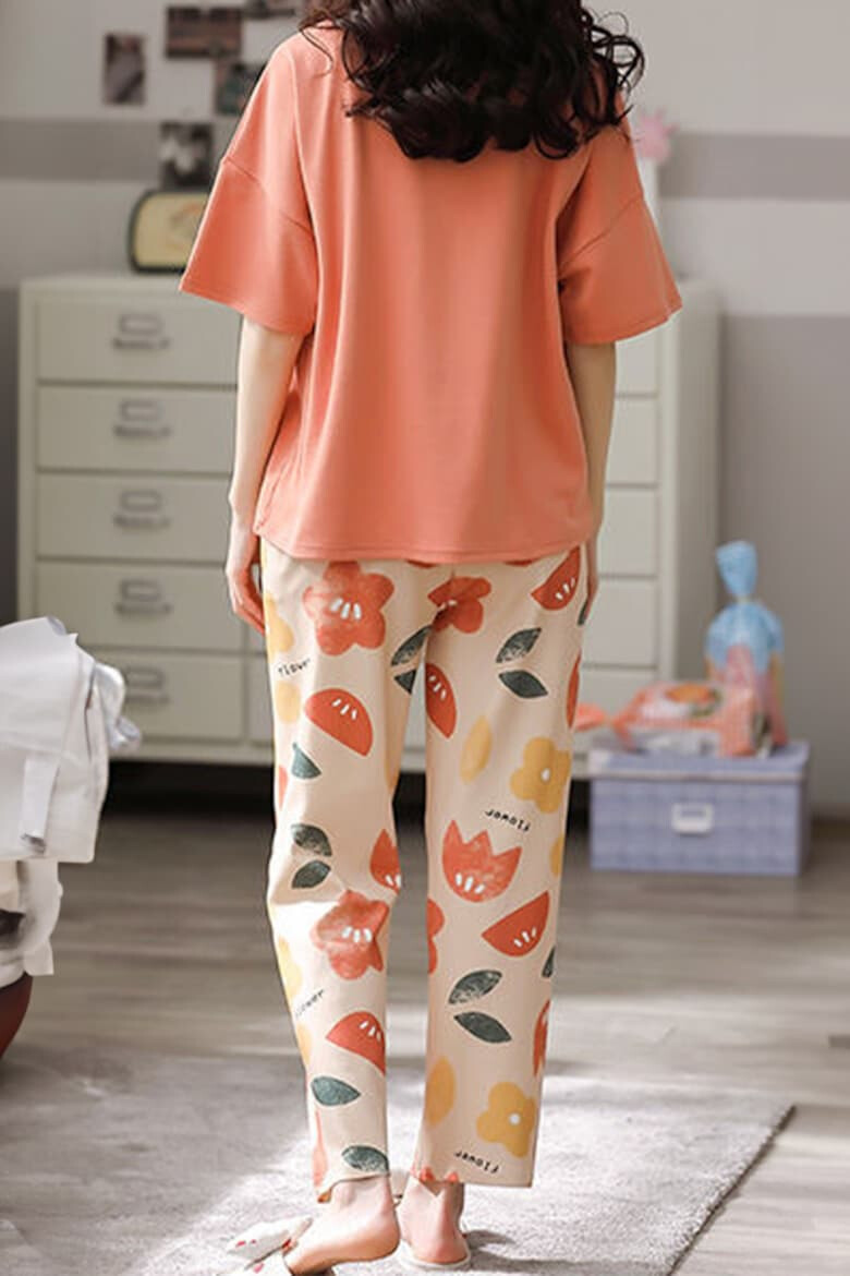 EFAYN.RO Pijama dama set 2 piese bluza maneca lunga cu buzunar la piept si pantaloni lungi model cu flori tematica I love flowers EFAYN - Pled.ro