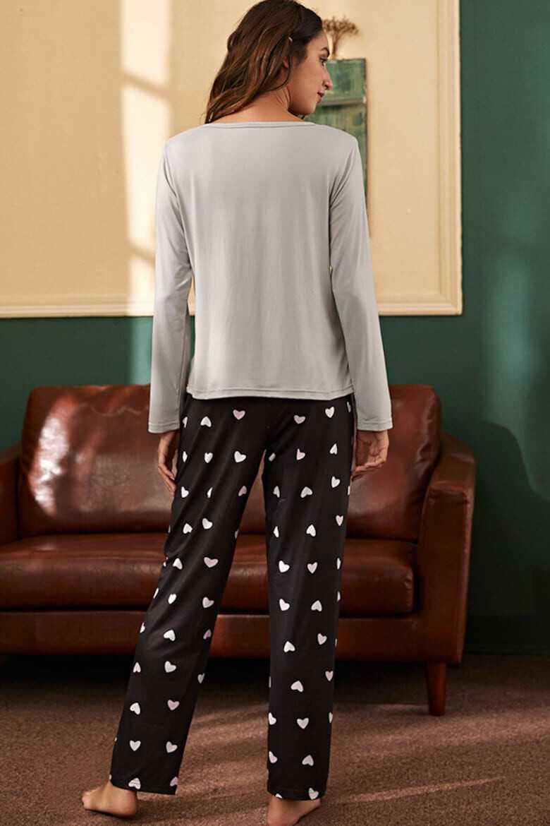 EFAYN.RO Pijama dama set 2 piese bluza maneca lunga si pantalon lung imprimeu pisica vesela model “bonjour” EFAYN - Pled.ro