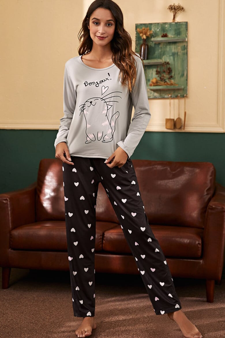 EFAYN.RO Pijama dama set 2 piese bluza maneca lunga si pantalon lung imprimeu pisica vesela model “bonjour” EFAYN - Pled.ro