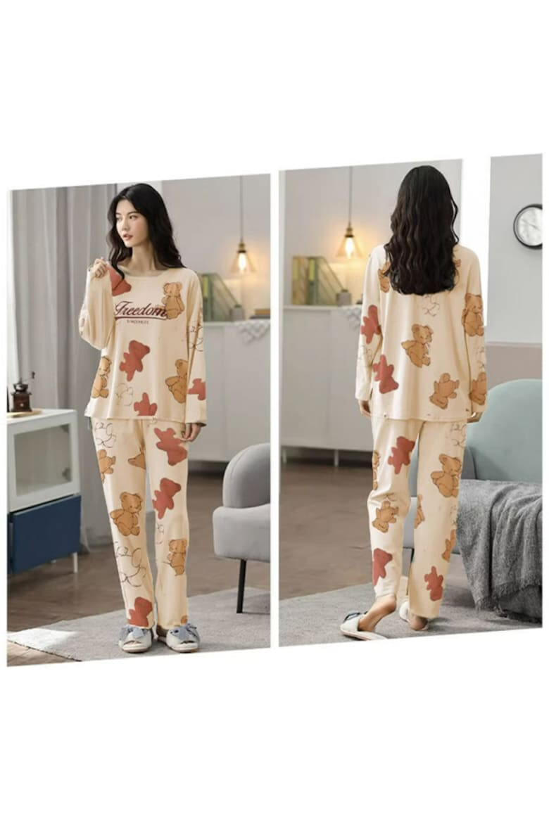 EFAYN.RO Pijama dama set 2 piese bluza maneca lunga si pantaloni lungi model freedom cu ursuleti tematica bear world EFAYN - Pled.ro