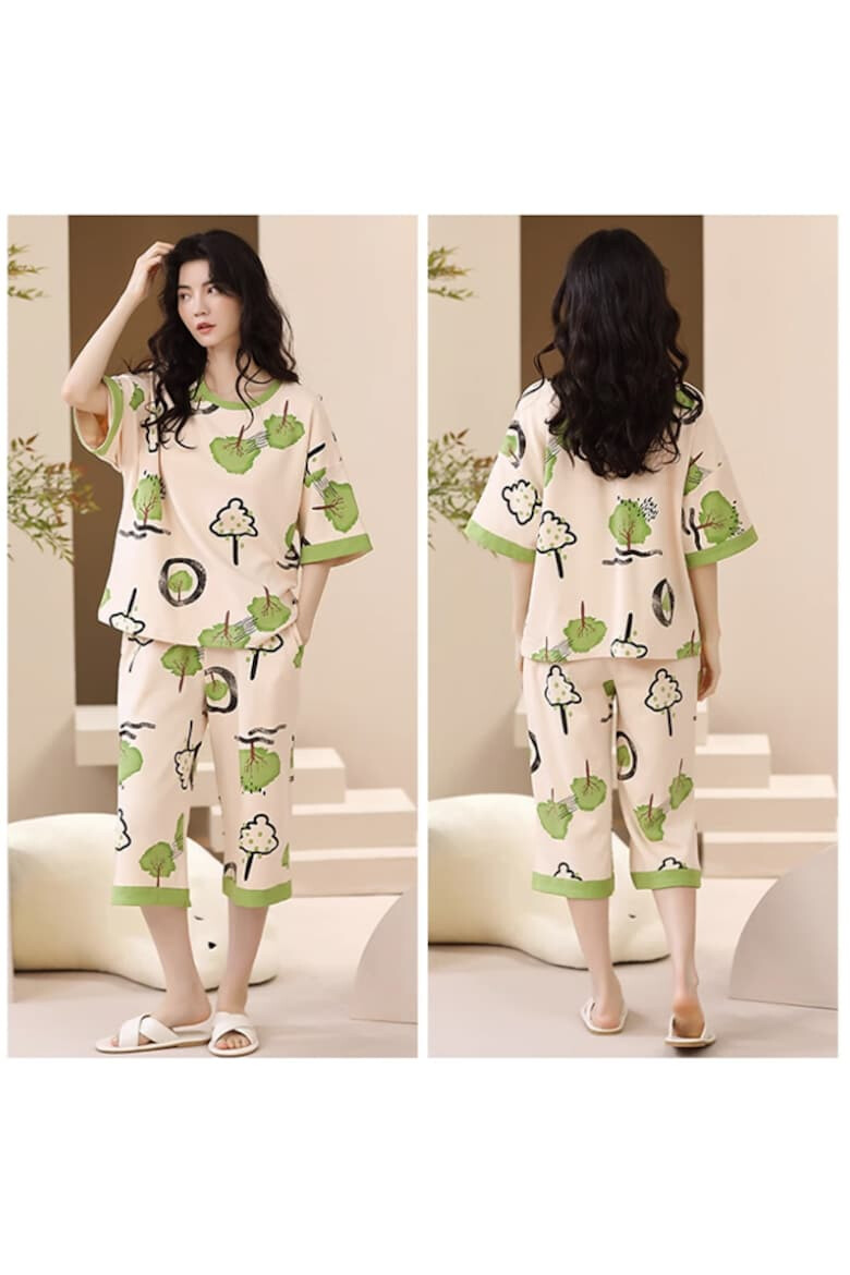 EFAYN.RO Pijama dama set 2 piese bluza maneca scurta cu dublura la piept si pantaloni trei sferturi model cu elemente din natura tematica I love nature EFAYN - Pled.ro