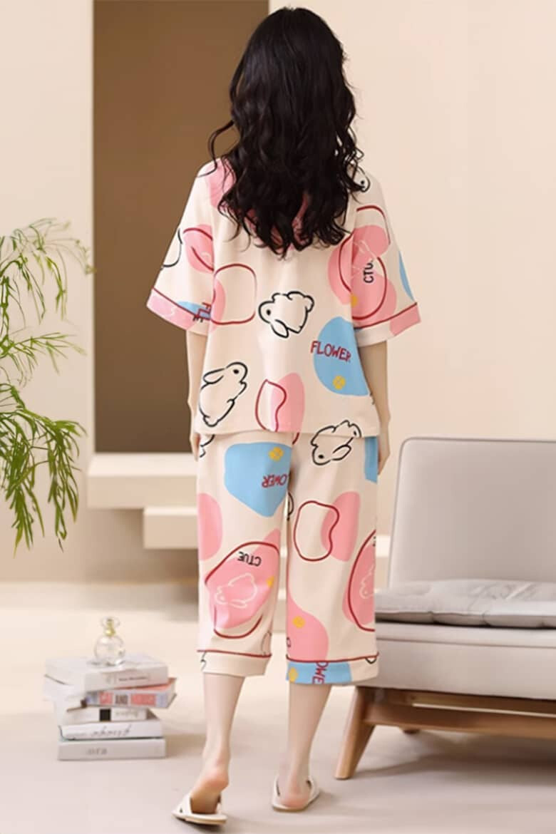 EFAYN.RO Pijama dama set 2 piese bluza maneca scurta cu dublura la piept si pantaloni trei sferturi model cu iepurasi tematica I feel cozy EFAYN - Pled.ro