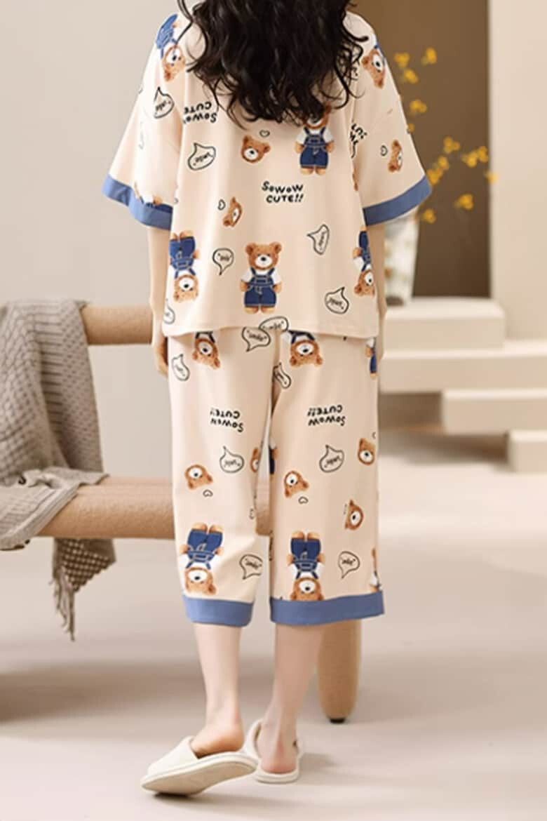 EFAYN.RO Pijama dama set 2 piese bluza maneca scurta cu dublura la piept si pantaloni trei sferturi model cu ursuleti tematica happy bear EFAYN - Pled.ro