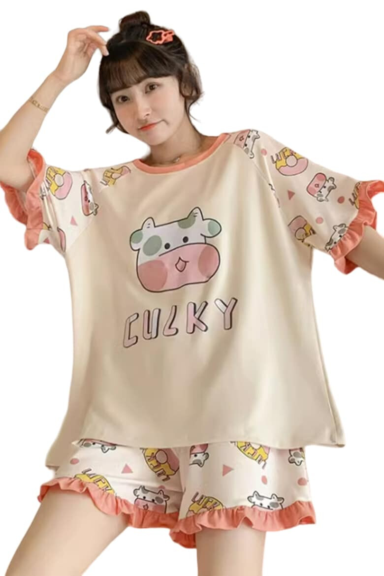 EFAYN.RO Pijama dama set 2 piese bluza maneca scurta si pantaloni scurti model cu animalute simpatice tematica cozy life EFAYN - Pled.ro