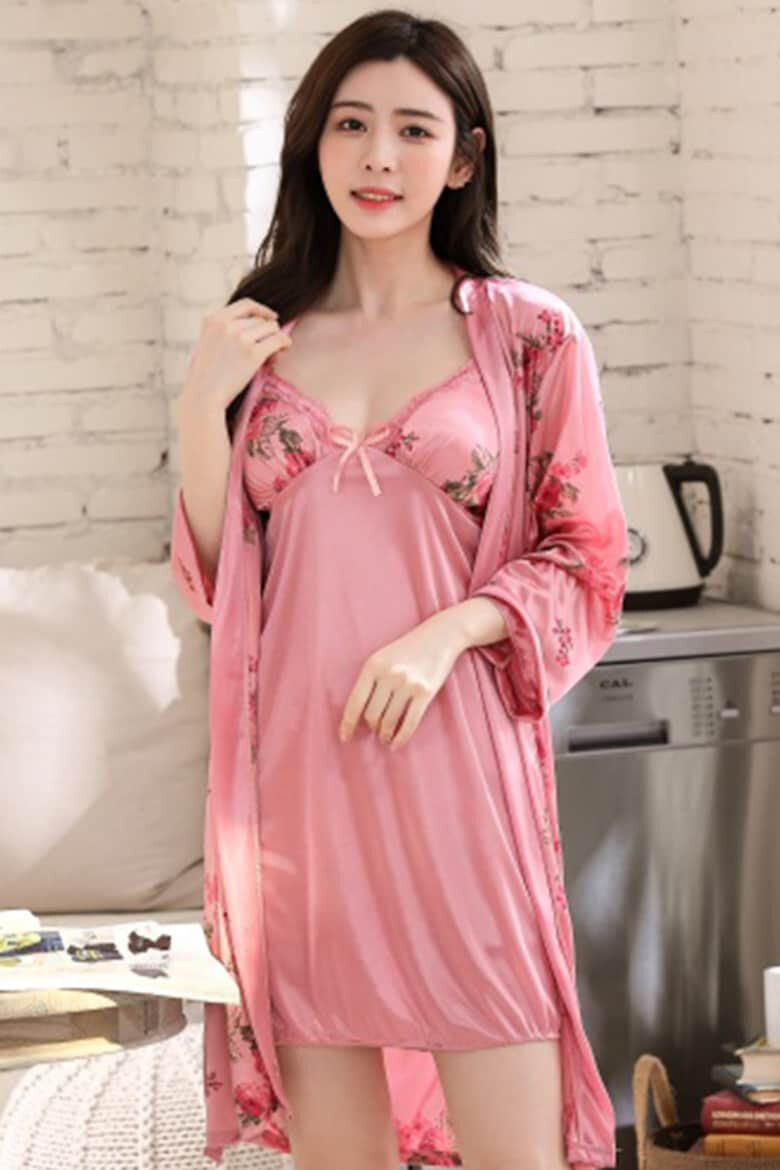 EFAYN.RO Pijama dama set 2 piese rochie scurta si halat asortat model cu imprimeu floral sexy tematica flower lady EFAYN - Pled.ro