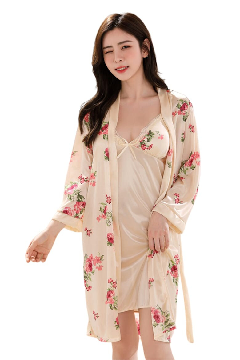 EFAYN.RO Pijama dama set 2 piese rochie scurta si halat asortat model cu imprimeu floral sexy tematica flower lady EFAYN - Pled.ro