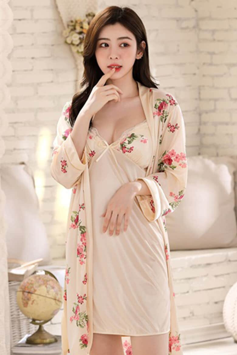 EFAYN.RO Pijama dama set 2 piese rochie scurta si halat asortat model cu imprimeu floral sexy tematica flower lady EFAYN - Pled.ro