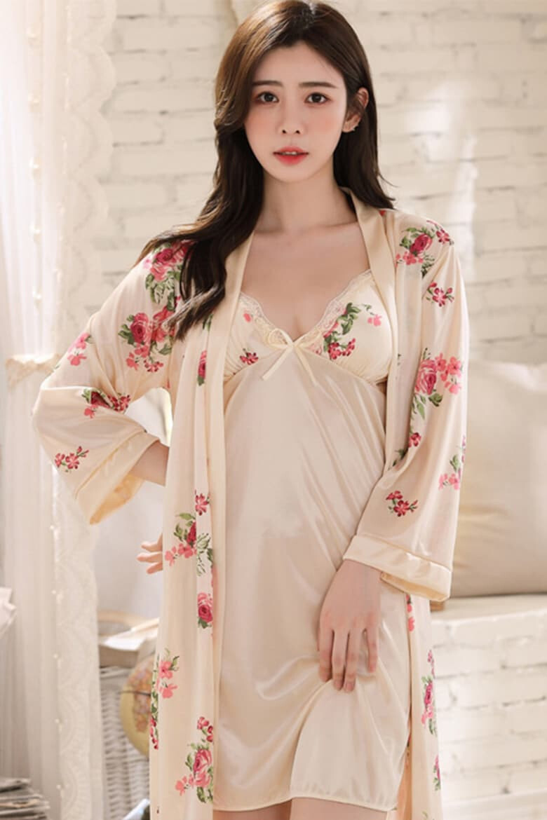 EFAYN.RO Pijama dama set 2 piese rochie scurta si halat asortat model cu imprimeu floral sexy tematica flower lady EFAYN - Pled.ro