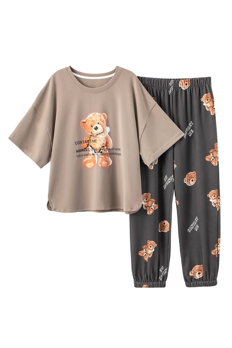 EFAYN.RO Pijama dama set doua piese bluza maneca scurta cu umar cazut margini rotunde in partea jos si pantaloni lungi model cu ursulet cute tematica I sleep with my teddy EFAYN - Pled.ro