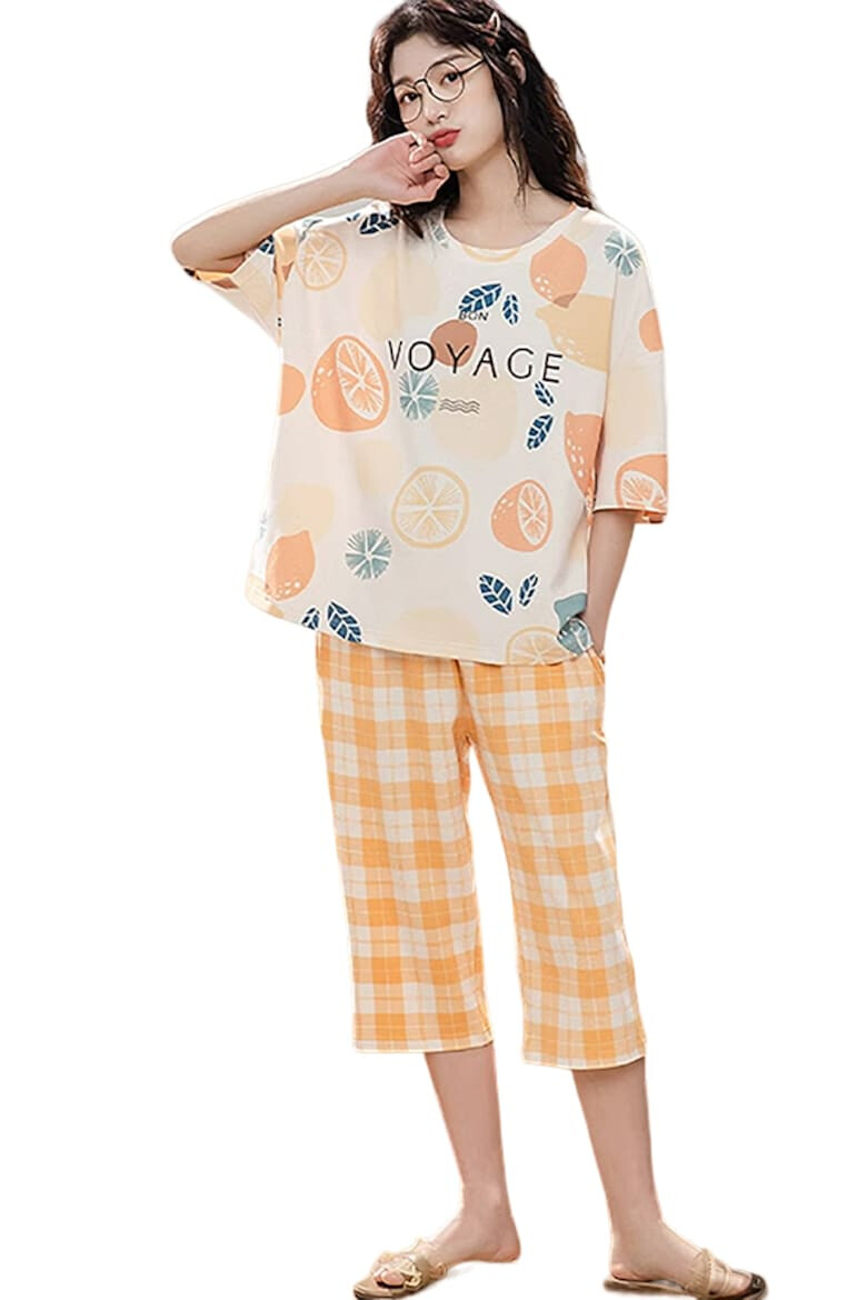 EFAYN.RO Pijama dama set doua piese bluza maneca scurta si pantaloni trei sferturi model cu fructe deliciose tematica tasty fruits EFAYN - Pled.ro