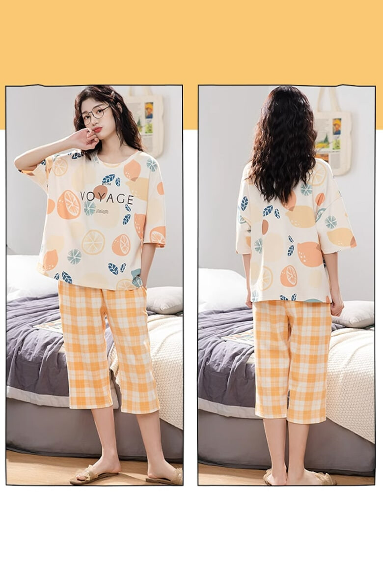 EFAYN.RO Pijama dama set doua piese bluza maneca scurta si pantaloni trei sferturi model cu fructe deliciose tematica tasty fruits EFAYN - Pled.ro