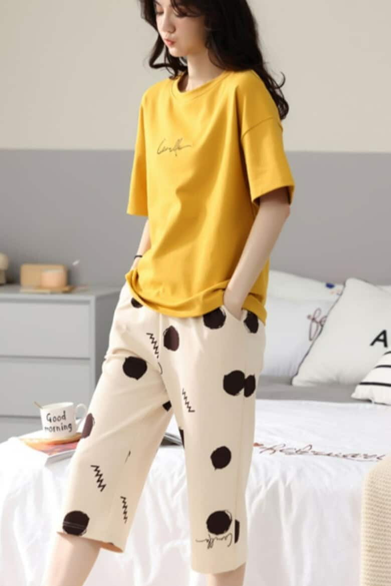 EFAYN.RO Pijama dama set doua piese bluza maneca scurta si pantaloni trei sferturi model cu imprimeu abstract tematica clasic elegant EFAYN - Pled.ro