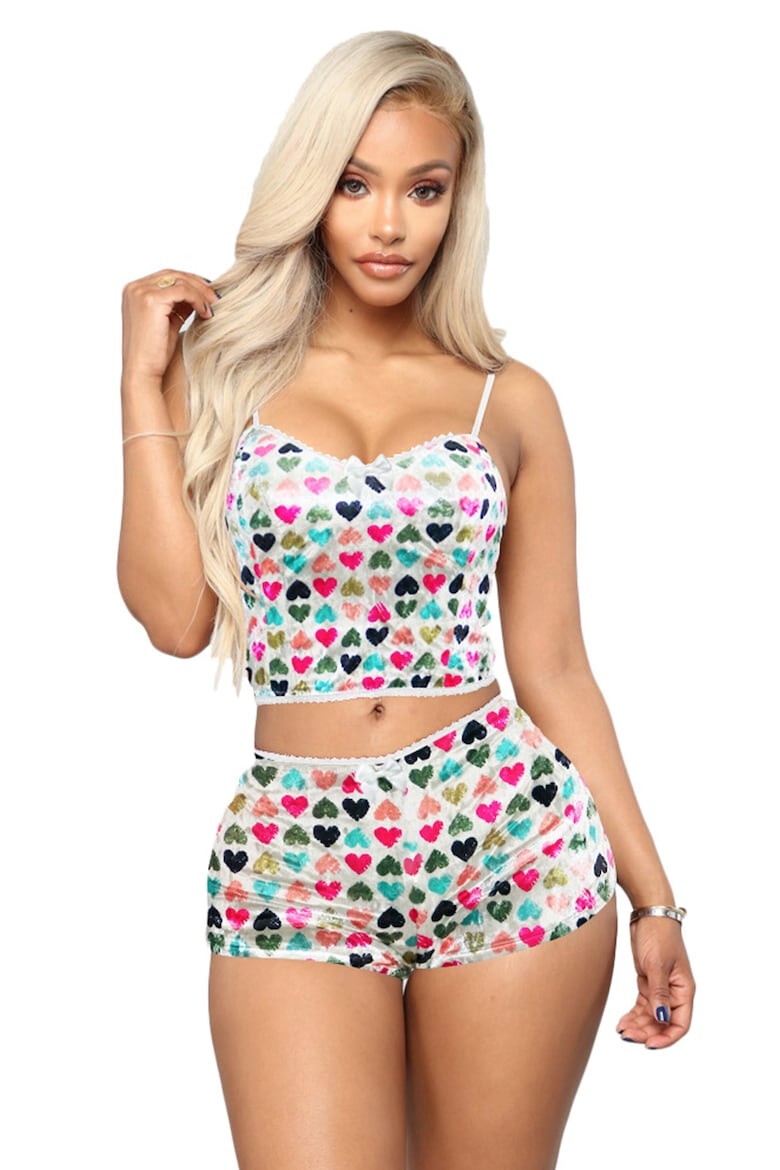 EFAYN.RO Pijama sexy dama set 2 piese top tip bustiera cu bretele subtiri si pantaloni scurti model provocator imprimeu grafic EFAYN - Pled.ro