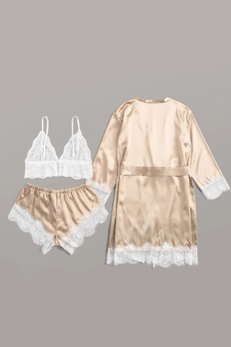 EFAYN.RO Set 3 piese lenjerie tip pijama sexy satin si dantela halat bustiera si pantalon scurt EFAYN RO - Pled.ro