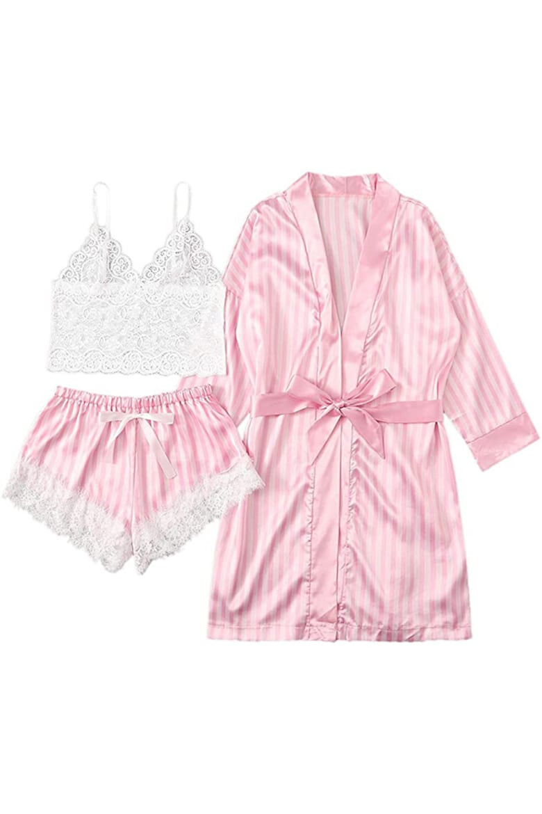 EFAYN.RO Set 3 piese lenjerie tip pijama sexy satin si dantela halat bustiera si pantalon scurt EFAYN RO - Pled.ro