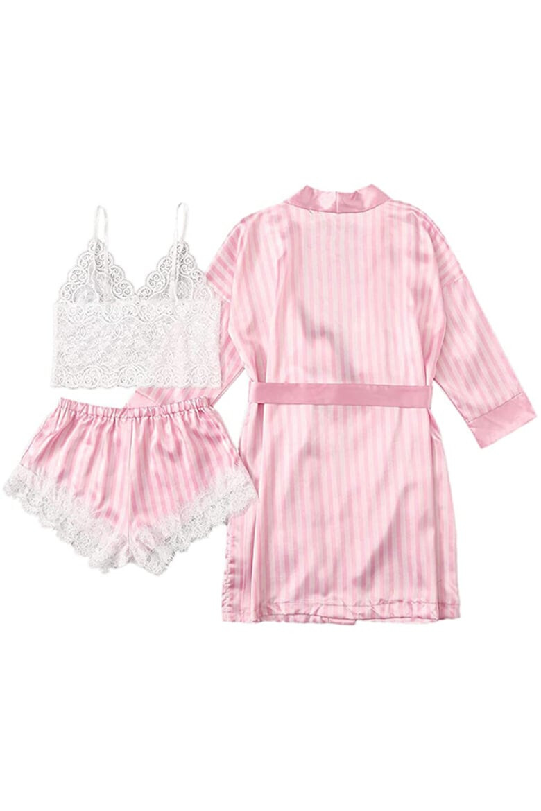 EFAYN.RO Set 3 piese lenjerie tip pijama sexy satin si dantela halat bustiera si pantalon scurt EFAYN RO - Pled.ro