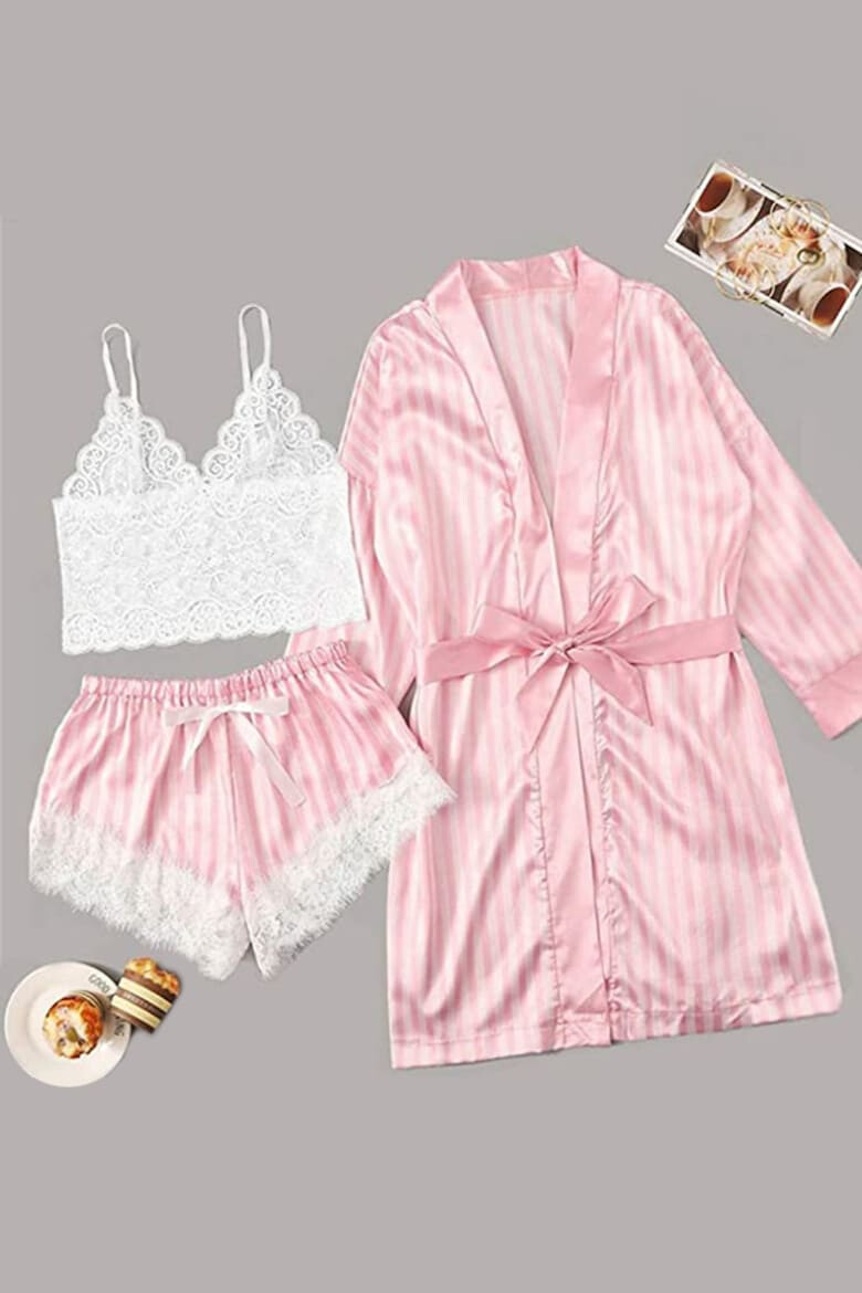 EFAYN.RO Set 3 piese lenjerie tip pijama sexy satin si dantela halat bustiera si pantalon scurt EFAYN RO - Pled.ro