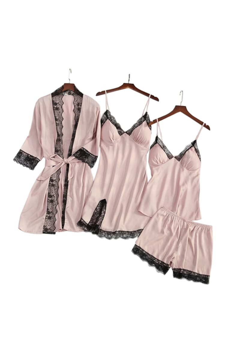 EFAYN.RO Set pijama 4 piese satin si dantela halat rochie maieu si chilot tip pantalon scurt EFAYN RO - Pled.ro