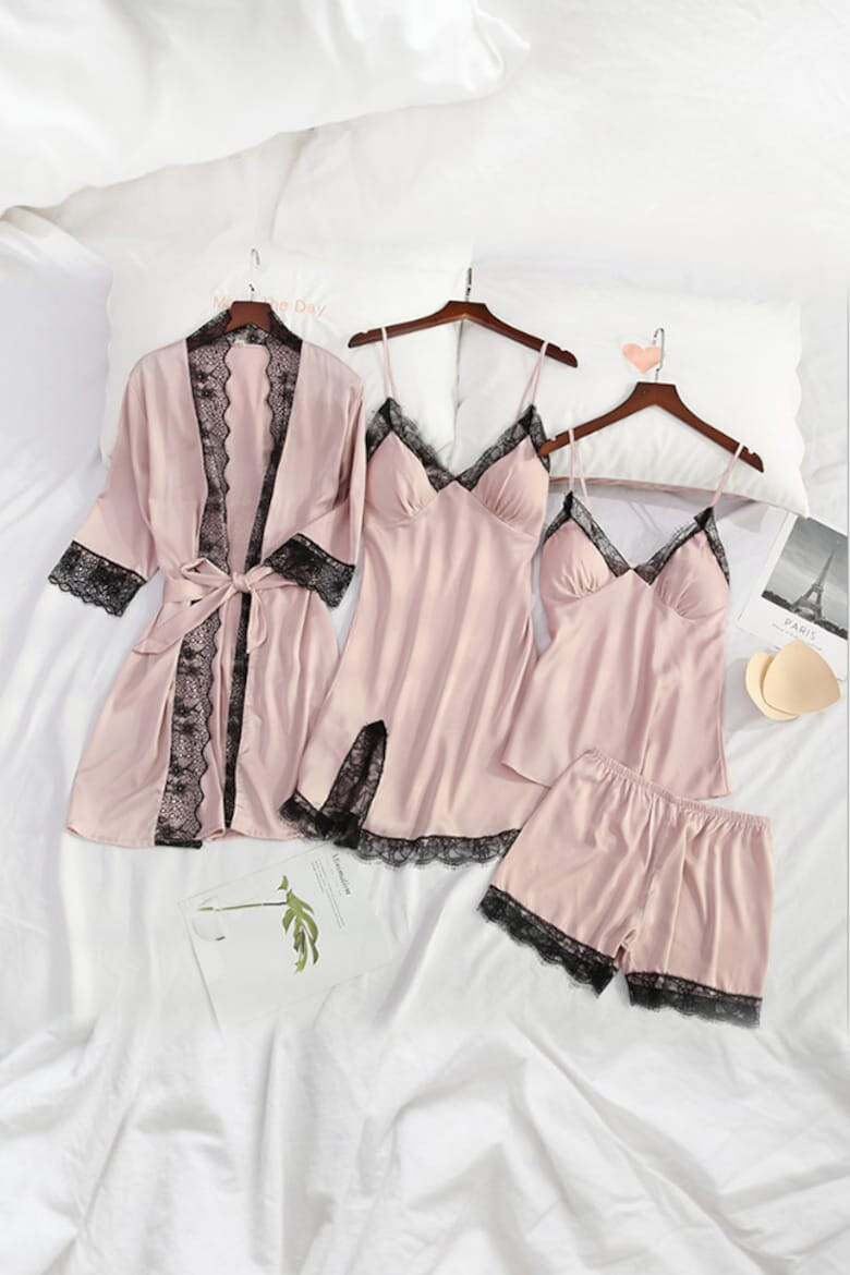 EFAYN.RO Set pijama 4 piese satin si dantela halat rochie maieu si chilot tip pantalon scurt EFAYN RO - Pled.ro