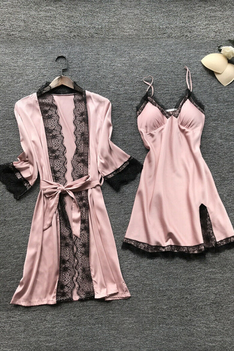 EFAYN.RO Set pijama 4 piese satin si dantela halat rochie maieu si chilot tip pantalon scurt EFAYN RO - Pled.ro