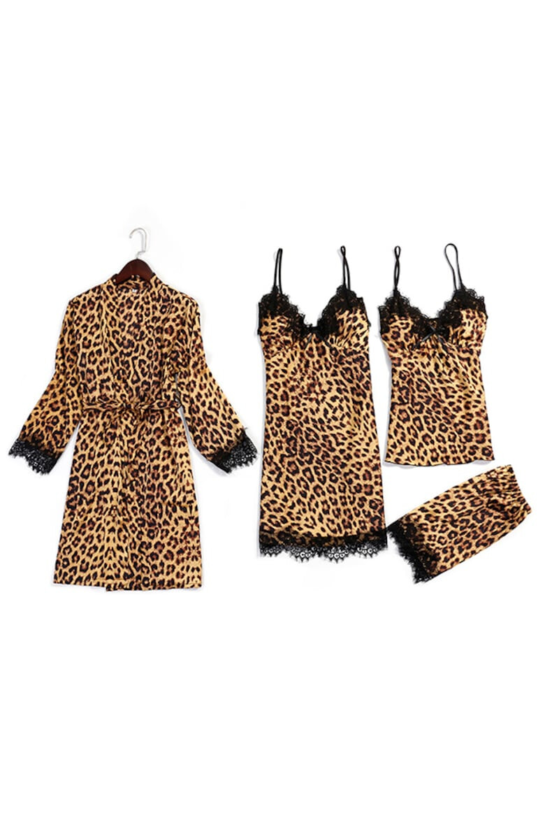 EFAYN.RO Set pijama 4 piese satin si dantela imprimeu animal print - Pled.ro