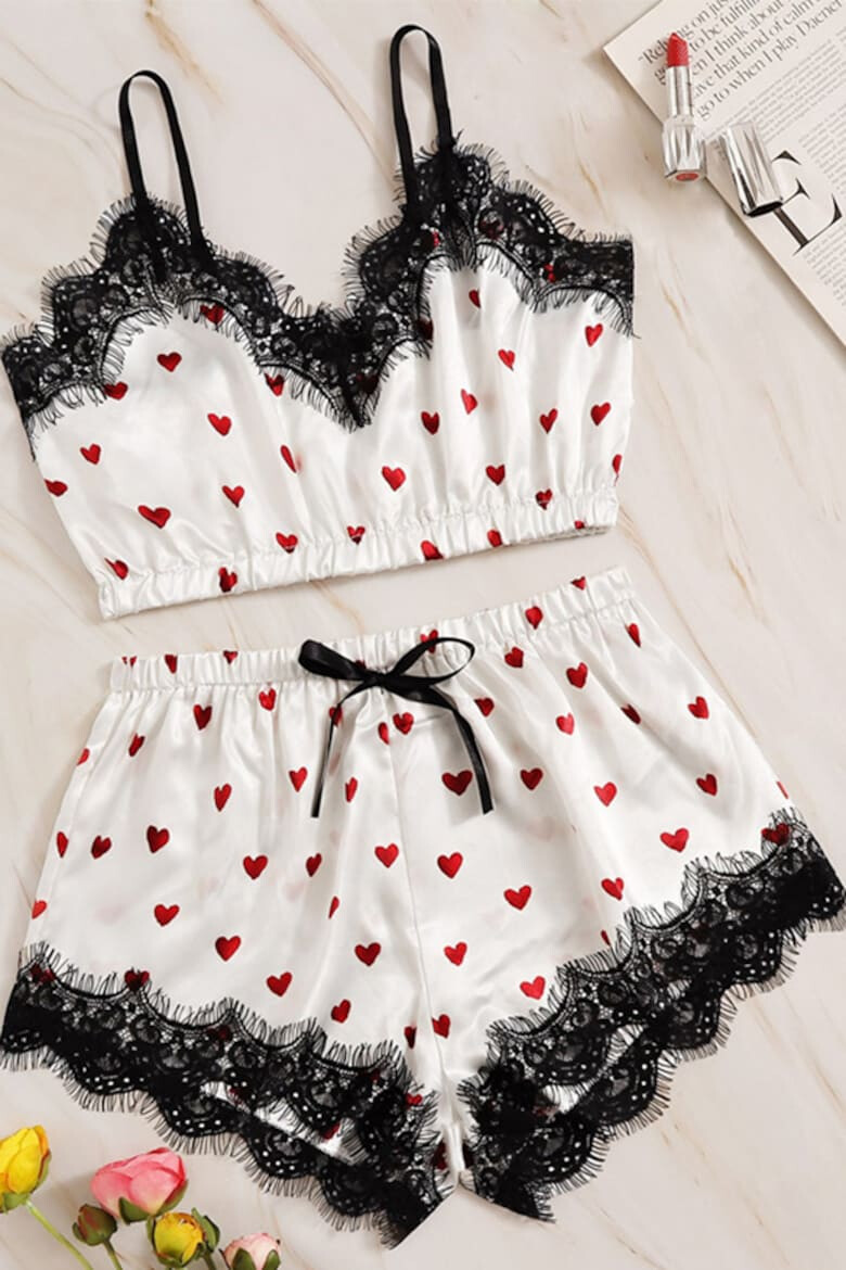 EFAYN.RO Set pijama haine de stat in casa sexy 2 piese cu dantela bustiera si chilot EFAYN RO cu inimioare rosii - Pled.ro