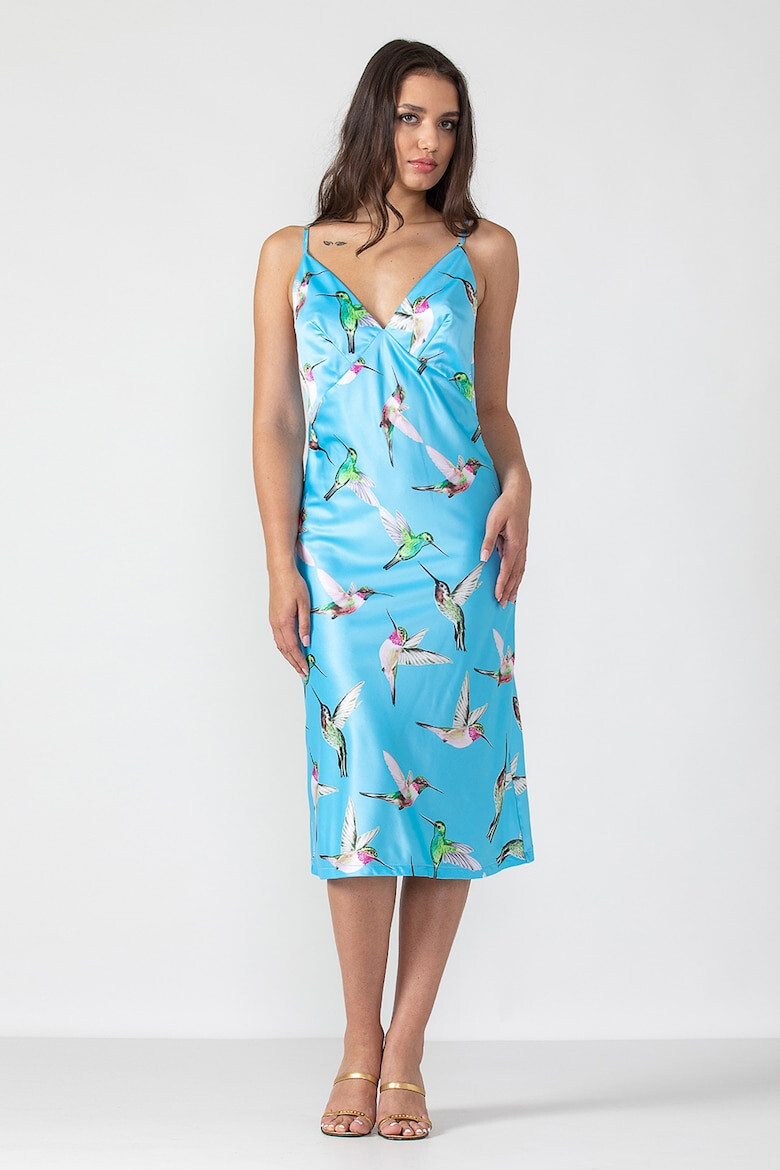 En Privé Rochie-Furou din satin de matase Model Ivy Birds of Paradise Culoare Albastru cu Imprimeu Pasari - Pled.ro