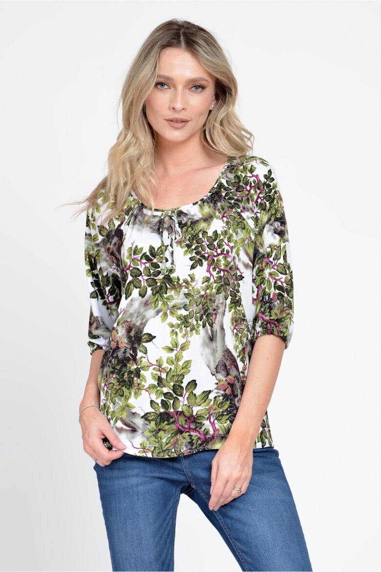 Eranthe 888143224-Bluza IE Dama cu Maneca 3 sferturi model Floral alb cu verde - Pled.ro