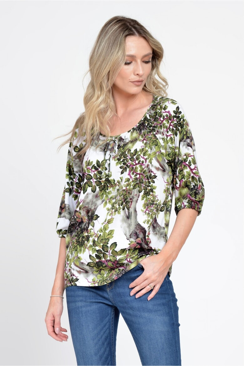 Eranthe 888143224-Bluza IE Dama cu Maneca 3 sferturi model Floral alb cu verde - Pled.ro