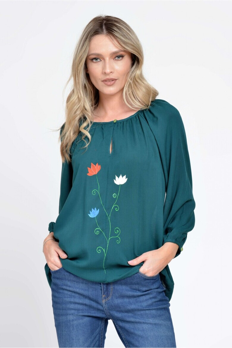 Eranthe 888143233-Bluza Dama cu Maneca 3 sferturi Ampla Verde cu pictura realizata manual - Pled.ro