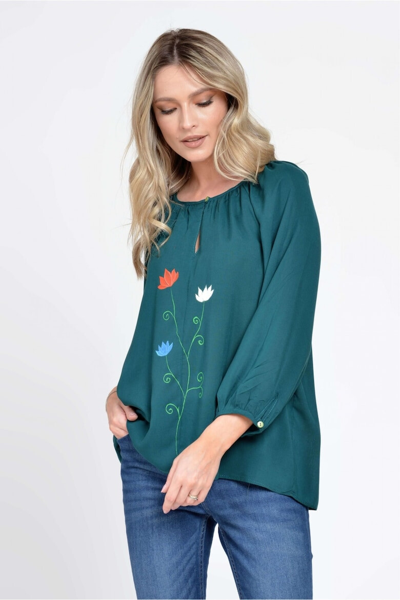 Eranthe 888143233-Bluza Dama cu Maneca 3 sferturi Ampla Verde cu pictura realizata manual - Pled.ro