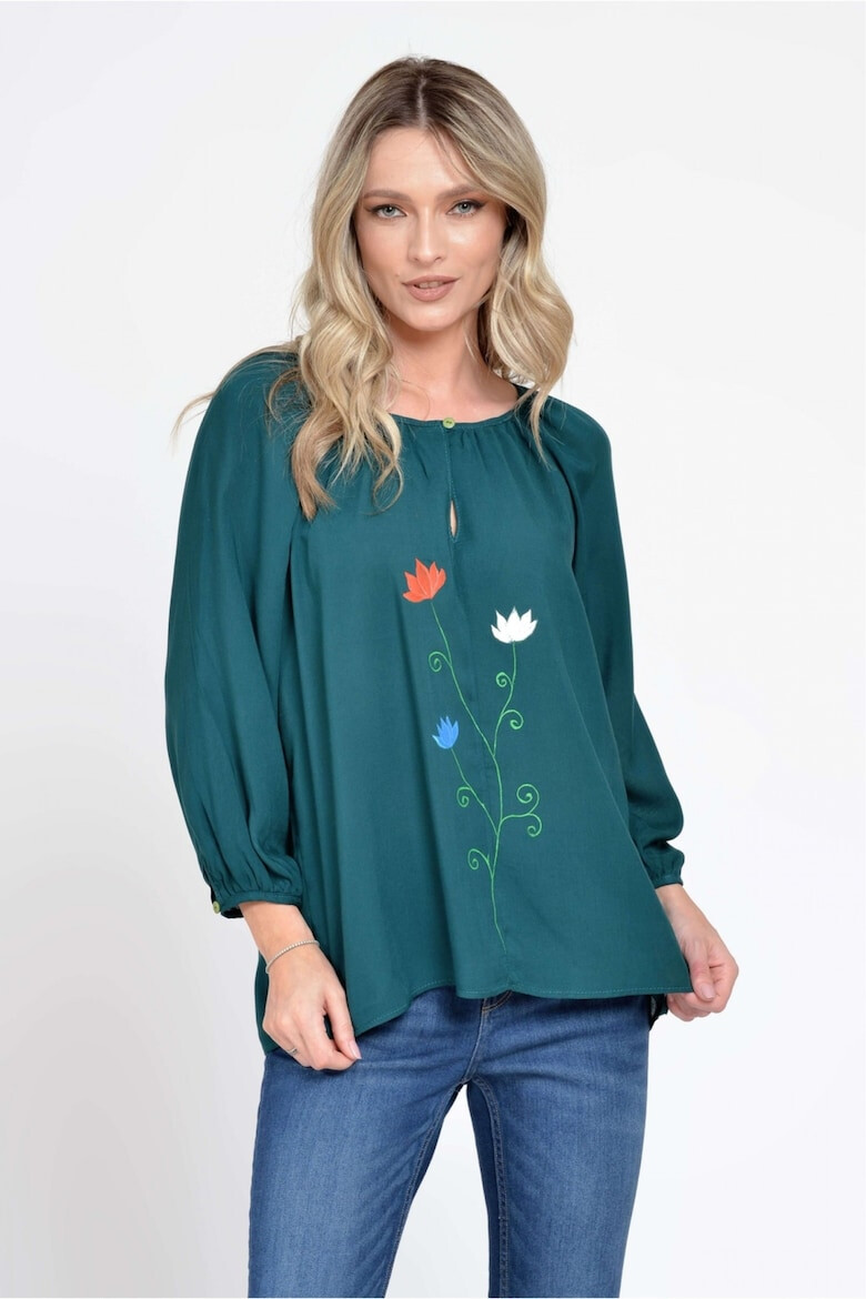 Eranthe 888143233-Bluza Dama cu Maneca 3 sferturi Ampla Verde cu pictura realizata manual - Pled.ro