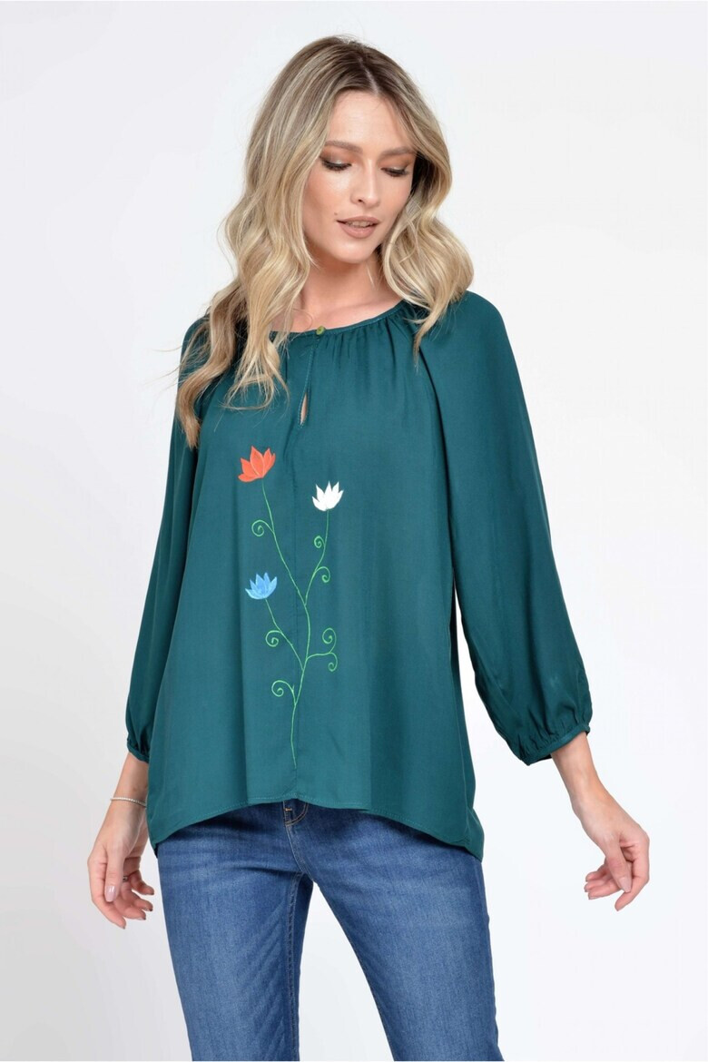 Eranthe 888143233-Bluza Dama cu Maneca 3 sferturi Ampla Verde cu pictura realizata manual - Pled.ro