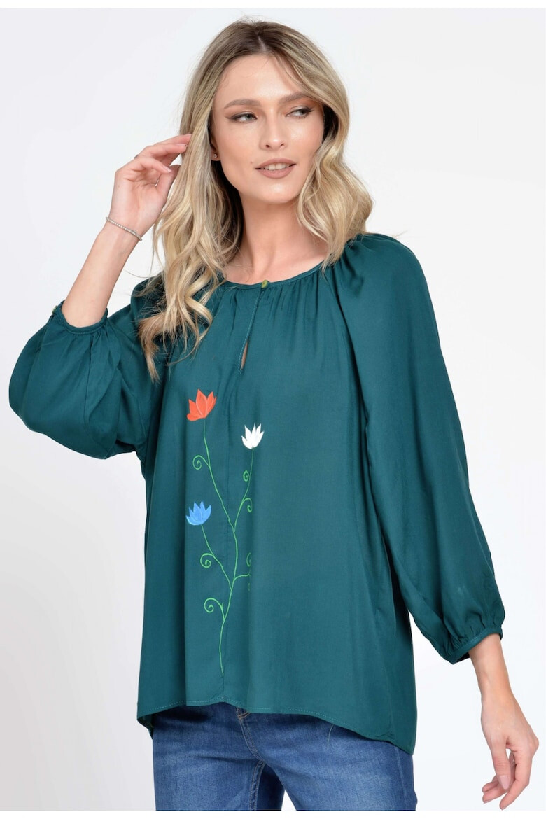 Eranthe 888143233-Bluza Dama cu Maneca 3 sferturi Ampla Verde cu pictura realizata manual - Pled.ro