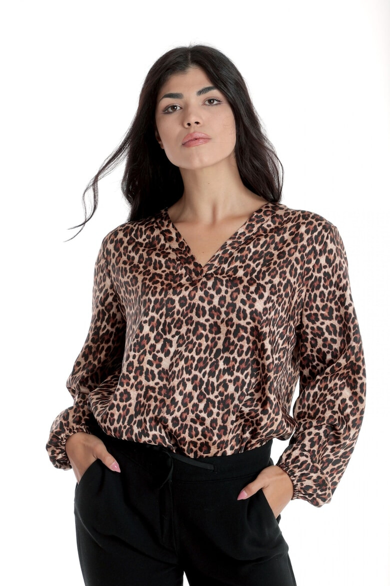 Eranthe 888144258-Bluza Dama cu Decolteu in V Satin Leopard Maro - Pled.ro