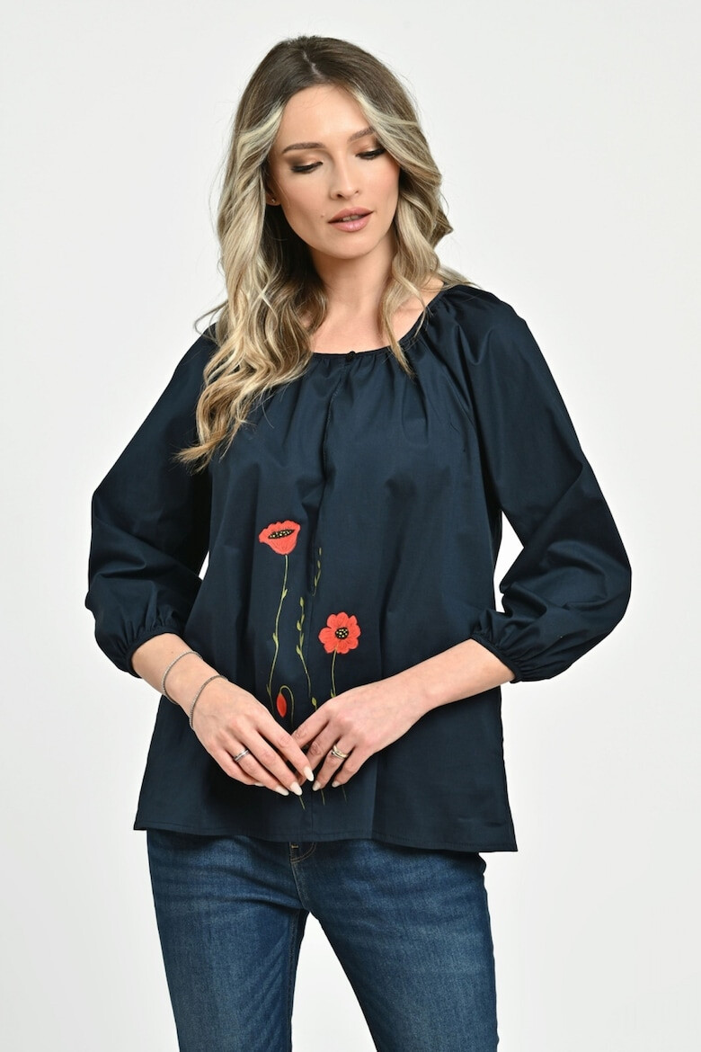 Eranthe 888144278-Bluza Dama cu Maneca 3 sferturi bleumarin cu pictura manuala - Pled.ro