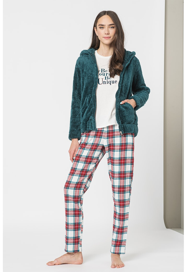 Etam Set de pijama lunga cu imprimeu si hanorac din material teddy - Pled.ro