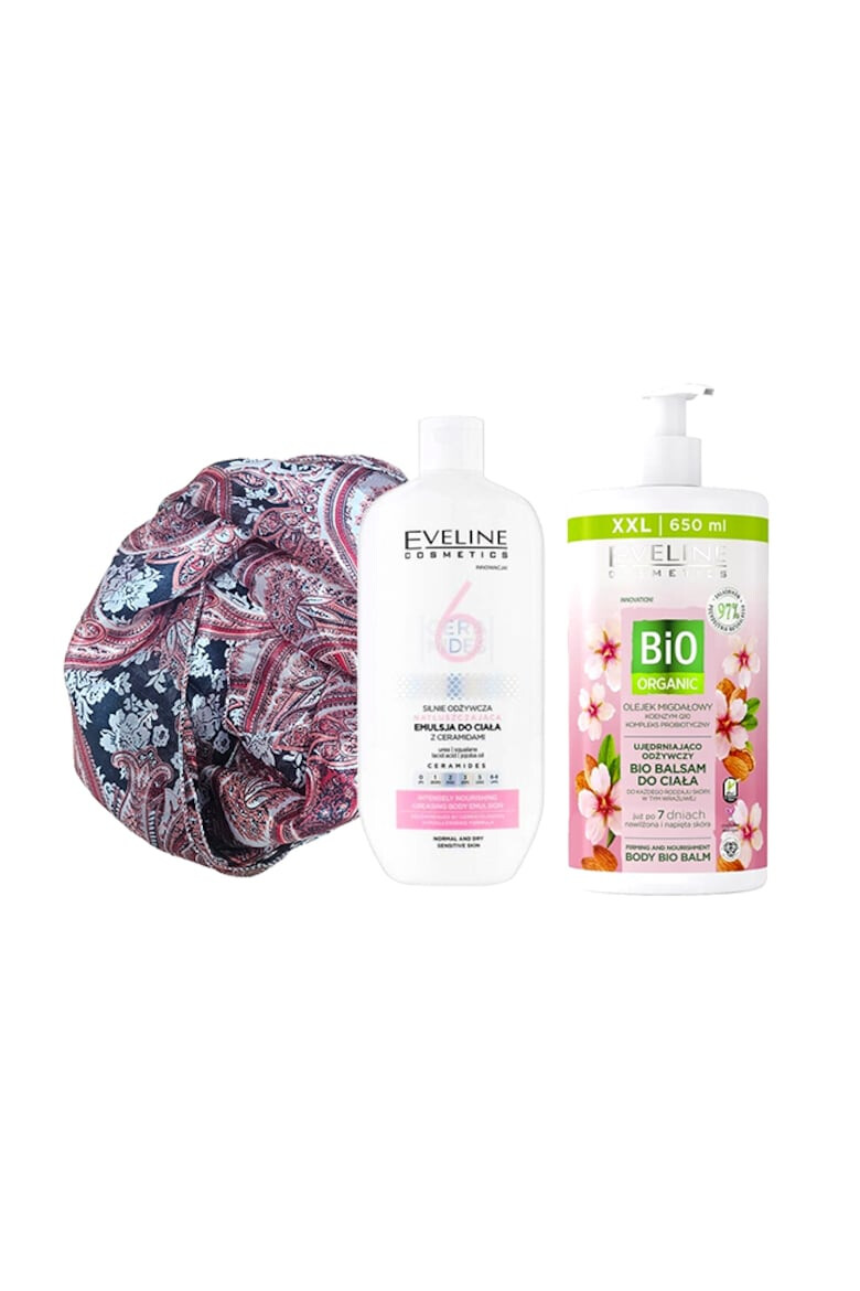 Eveline Cosmetics Set Balsam de corp Bio Organic cu ulei de migdale 650 ml + Emulsie de corp pentru piele normala si uscata 6 Ceramides 350 ml + Esarfa matase - Pled.ro