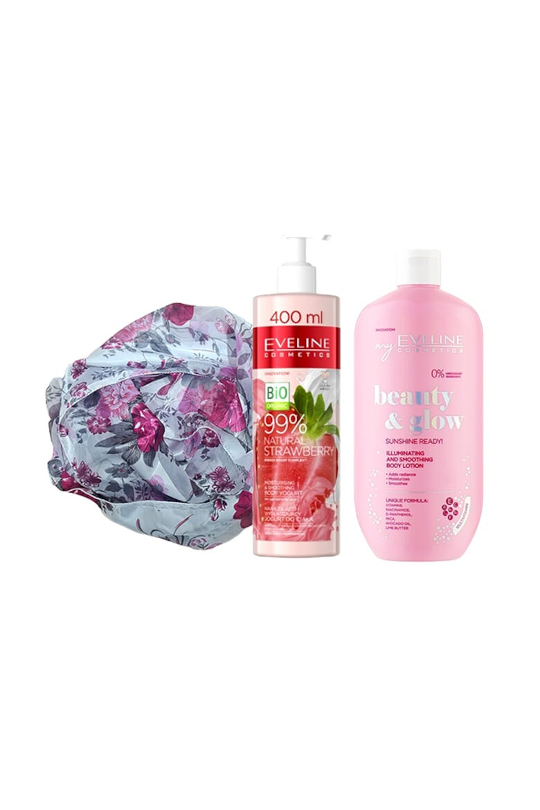 Eveline Cosmetics Set Balsam hidratant pentru corp Sunshine Ready! 350 ml + Crema hidratanta cu iaurt de corp 99% Natural Strawberry Smoothing 400 ml + Esarfa matase - Pled.ro