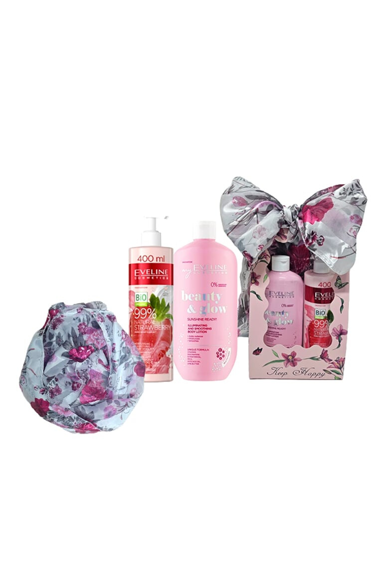 Eveline Cosmetics Set Balsam hidratant pentru corp Sunshine Ready! 350 ml + Crema hidratanta cu iaurt de corp 99% Natural Strawberry Smoothing 400 ml + Esarfa matase - Pled.ro